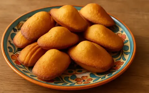 Assiette colorée de madeleines dorées, parfaites pour des recettes de madeleines maison.