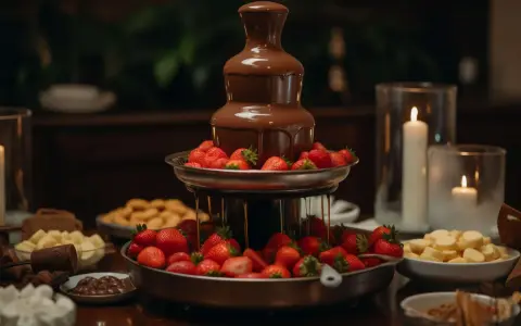 Fontaine à chocolat en action, entourée de fraises fraîches et de guimauves. Une recette gourmande pour un dessert inoubliable.