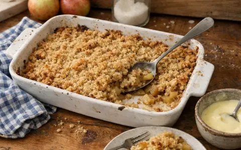 Un plat de meilleur crumble aux pommes tout juste sorti du four, avec une cuillère prête à servir. Des pommes fraîches et une crème anglaise complètent ce délice.