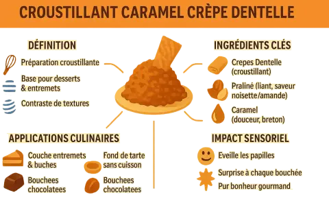 Un croustillant caramel crêpe dentelle, idéal pour desserts et entremets, offrant un contraste de textures.