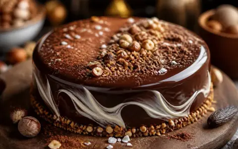 Un magnifique entremet chocolat noisette, glacé et décoré de noisettes croquantes et de cacao. Un délice visuel et gustatif.