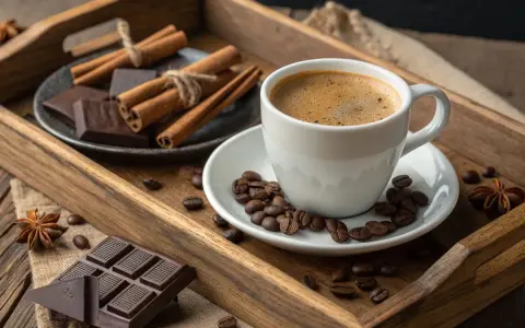 Une tasse de café fumante, du chocolat noir, des grains de café, de la cannelle et de l'anis étoilé sur un plateau en bois. Un délice moka chocolat.