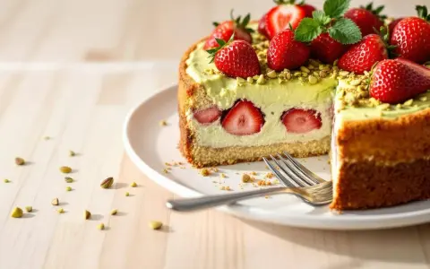 Gâteau fraisier pistache, garni de fraises fraîches et de pistaches concassées. Une part est coupée, révélant des rondelles de fraises à l'intérieur.
