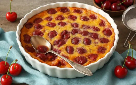 Clafoutis aux cerises, tout juste sorti du four. La cuisson chaleur tournante ou traditionnelle a donné cette belle couleur dorée.