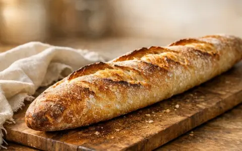 Une belle baguette dorée sur une planche en bois. On pourrait la mettre au frigo pour le conserver, mais elle sera meilleure dégustée fraîche.