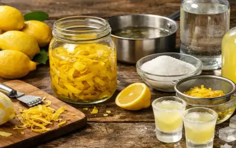 Préparation d'une recette avec limoncello : citrons, zestes, sucre, alcool et deux verres prêts à déguster.