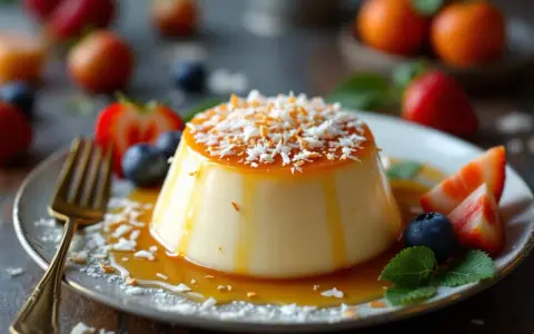 Un délicieux flan coco, nappé de caramel et garni de noix de coco râpée, servi avec des fraises et des myrtilles.