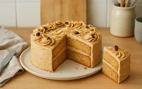 Un délicieux gâteau moka à deux étages, garni de crème au café, d'amandes effilées et de grains de café. Une part est déjà coupée.