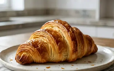 Un croissant doré et feuilleté, prêt à être dégusté. La pâte à croissant est parfaite pour un petit-déjeuner gourmand.
