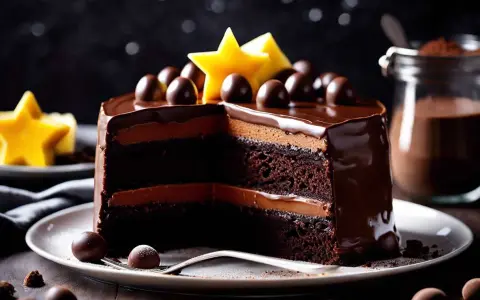 Un délicieux gâteau sucré au chocolat, garni de boules de chocolat et d'étoiles jaunes. Une part a été coupée, révélant ses couches moelleuses.