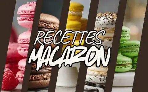 Des macarons roses, bruns, jaunes, blancs et verts empilés. Le texte "Recettes Macaron" est superposé.