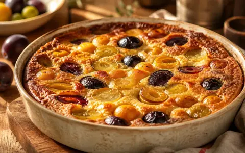 Un délicieux clafoutis aux pruneaux, doré et moelleux, sort du four. Des fruits entiers et coupés parsèment la pâte onctueuse.