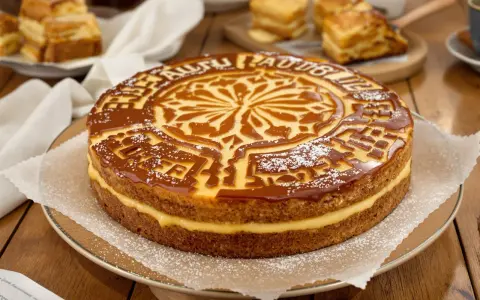 Un délicieux gâteau basque à la crème pâtissière, nappé de caramel et saupoudré de sucre glace.