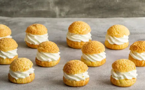 Douze petits choux garnis de crème fouettée, parfaits pour une recette pâte à choux professionnel.