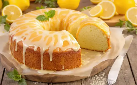 Un délicieux gâteau au citron, nappé d'un glaçage blanc et décoré de menthe fraîche. Une part a été coupée, révélant sa texture moelleuse.