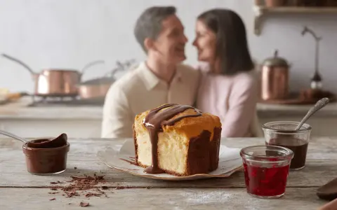 Un couple partage un moment tendre en cuisine, devant un gâteau marbré arrosé de chocolat. Une recette barquette chocolat parfaite pour un moment gourmand.
