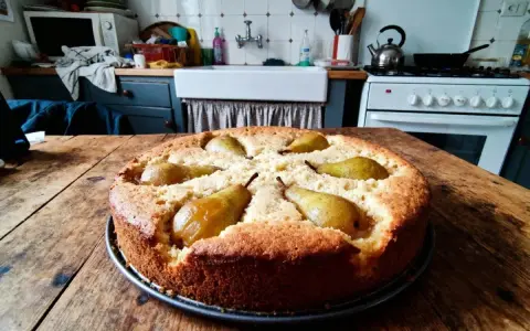 Gâteau aux poires cuites, une recette de grand-mère réconfortante. Les poires fondantes sont nichées dans une pâte dorée.