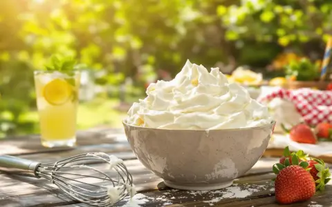 Chantilly aérienne dans un bol, fouet, fraises et limonade sur une table en bois ensoleillée.