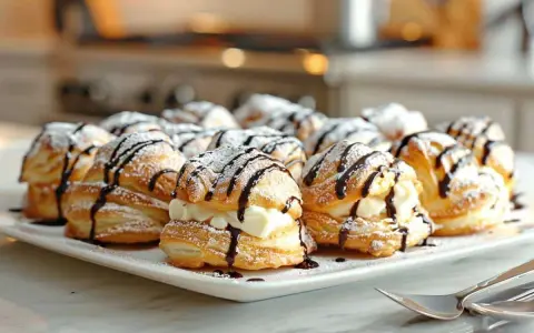 Plate of profiteroles vraie recette, dusted with powdered sugar and drizzled with chocolate sauce. A delicious dessert!