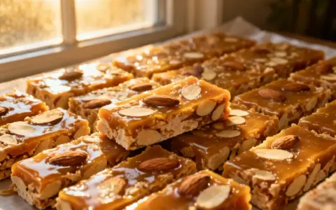 Des barres de nougatine aux amandes, dorées et brillantes, disposées près d'une fenêtre ensoleillée.