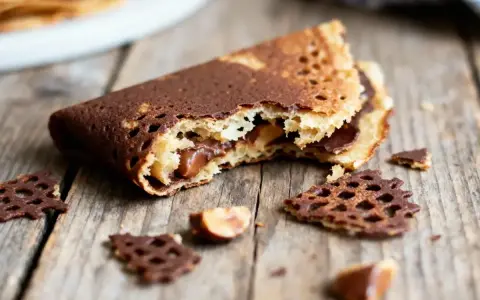Un biscuit croquant au chocolat, garni de crème onctueuse, repose sur un fond de bois rustique. Des éclats de chocolat et des noisettes complètent cette gourmandise.