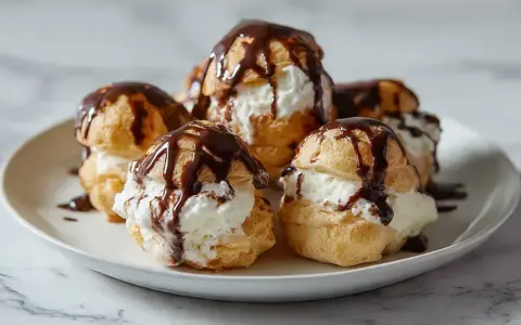 Des profiteroles gourmands, des petites boules de pâte à choux garnies de crème fouettée et nappées de chocolat noir fondant.