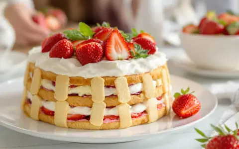 Charlotte aux fraises et crème pâtissière, un délice estival garni de fruits frais et de chantilly.
