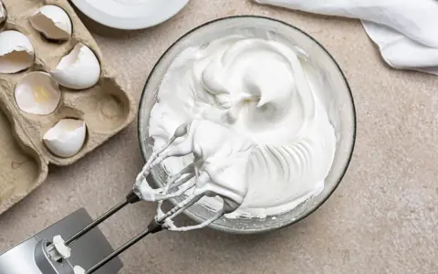 Meringue aérienne, blanc en neige, prête pour une recette gourmande. Des coquilles d'œufs vides à côté témoignent du travail.