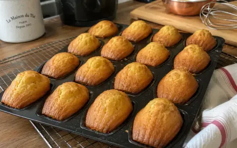 Une plaque de madeleines dorées sortant du four. Parfait pour une recette madeleines facile et gourmande.
