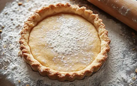 Tarte à la pâte feuilletée cuite à blanc, saupoudrée de sucre glace. Le temps de cuisson est parfait pour cette croûte dorée.
