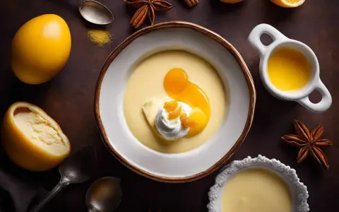 Un bol de crème anglaise 1 litre, garni de crème fouettée et d'orange confite, entouré d'oranges, d'épices et de cuillères.