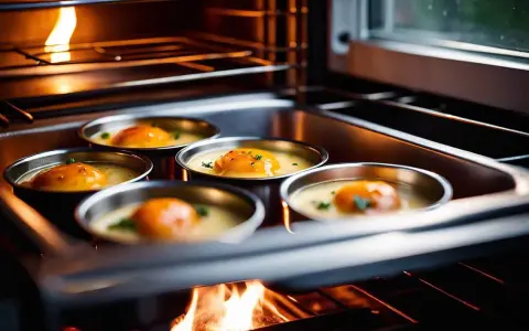 Cinq ramequins avec des œufs pochés dans un bain-marie au four, la flamme du four visible en bas.