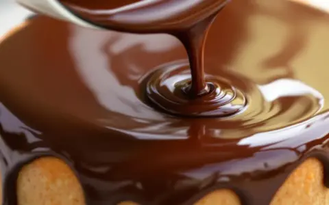 Un glaçage chocolat caramel coule sur un gâteau. La texture lisse et brillante promet un délice gourmand.