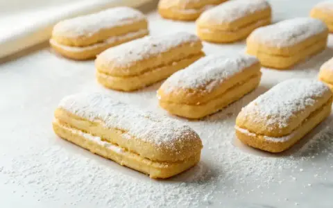 Douceur poudrée de sucre glace sur des biscuits cuillères dorés, prêts à être dégustés.