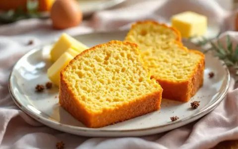 Deux tranches de gâteau quatre quart moelleux sur une assiette, accompagnées de bâtonnets de beurre et d'une pincée d'épices.