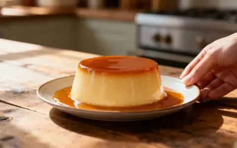 Un délicieux crème caramel, nappé de son coulis ambré, est servi sur une assiette. Une main s'approche pour le saisir.