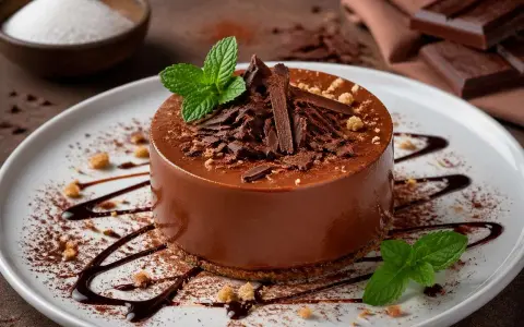Un délicieux gâteau au chocolat, garni de copeaux de chocolat et de menthe fraîche. Le fond de gateau est parfait pour une dégustation gourmande.