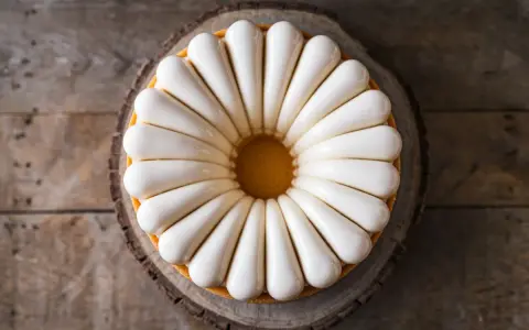 Un magnifique fondant pâtissier maison, orné de glaçage blanc nacré, sur un socle en bois rustique.