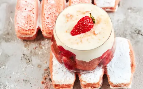 Un délicieux tiramisu aux biscuits roses de Reims, garni de fraises et de crème onctueuse, sur un lit de biscuits saupoudrés de sucre glace.