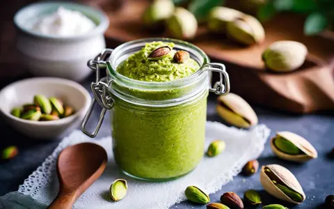 Un pot de praliné pistache maison, garni de pistaches, prêt à être dégusté. Une recette gourmande à découvrir.