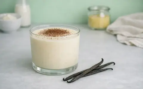 Un verre de crémeux vanille Michalak, saupoudré de cacao, avec des gousses de vanille.