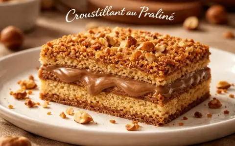 Gâteau moelleux garni d'une crème onctueuse et recouvert d'un **croustillant praliné** aux noisettes.