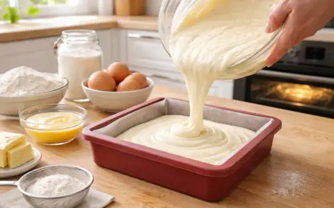 Verser une pâte onctueuse, un fondant blanc, dans un moule à gâteau. Ingrédients de pâtisserie disposés autour.