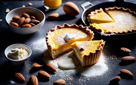 Tartes au citron et amandes, garnies de sucre glace. Le temps de cuisson pâte sablée à blanc est parfait pour cette texture dorée.