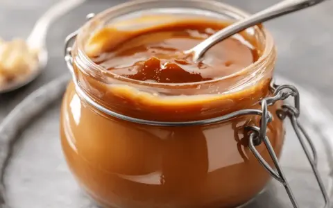 Un pot de caramel beurre salé avec une cuillère. Ce délice onctueux, fait avec du beurre doux, invite à la gourmandise.