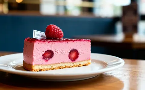 Délicieux entremet framboise, garni d'une framboise fraîche et de morceaux de fruits rouges, sur une base croustillante.