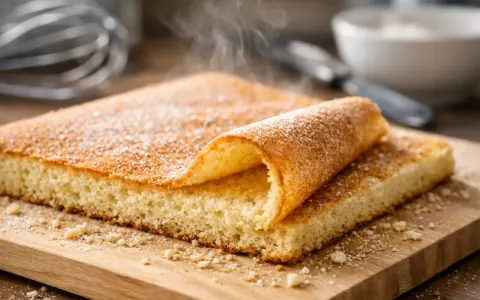 Biscuit Joconde moelleux, saupoudré de sucre glace. Parfait pour une recette biscuit Joconde facile et rapide.