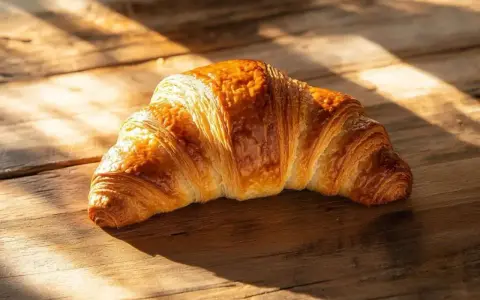 Un délicieux croissant maison, doré et feuilleté, repose sur une table en bois baignée de soleil.