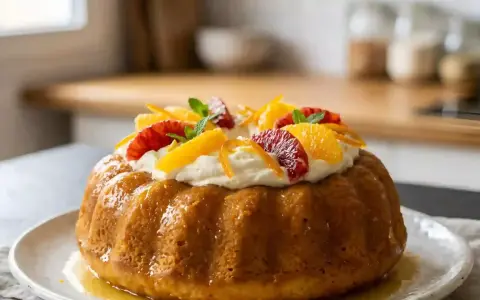 Savoureux savarin recette, garni de crème fouettée et d'agrumes frais. Un délice visuel et gustatif.