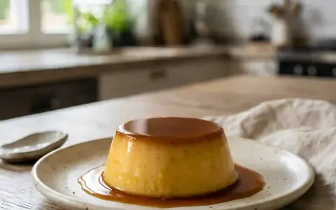 Un délicieux flan aux œufs, nappé de caramel, repose sur une assiette en céramique. Un petit ramequin vide est à côté.